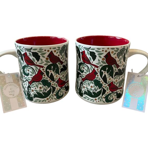Peppermint & Pine Christmas Red Cardinal Coffee Mug Winter Tea Cup Set of 2 NEW - Picture 1 of 15